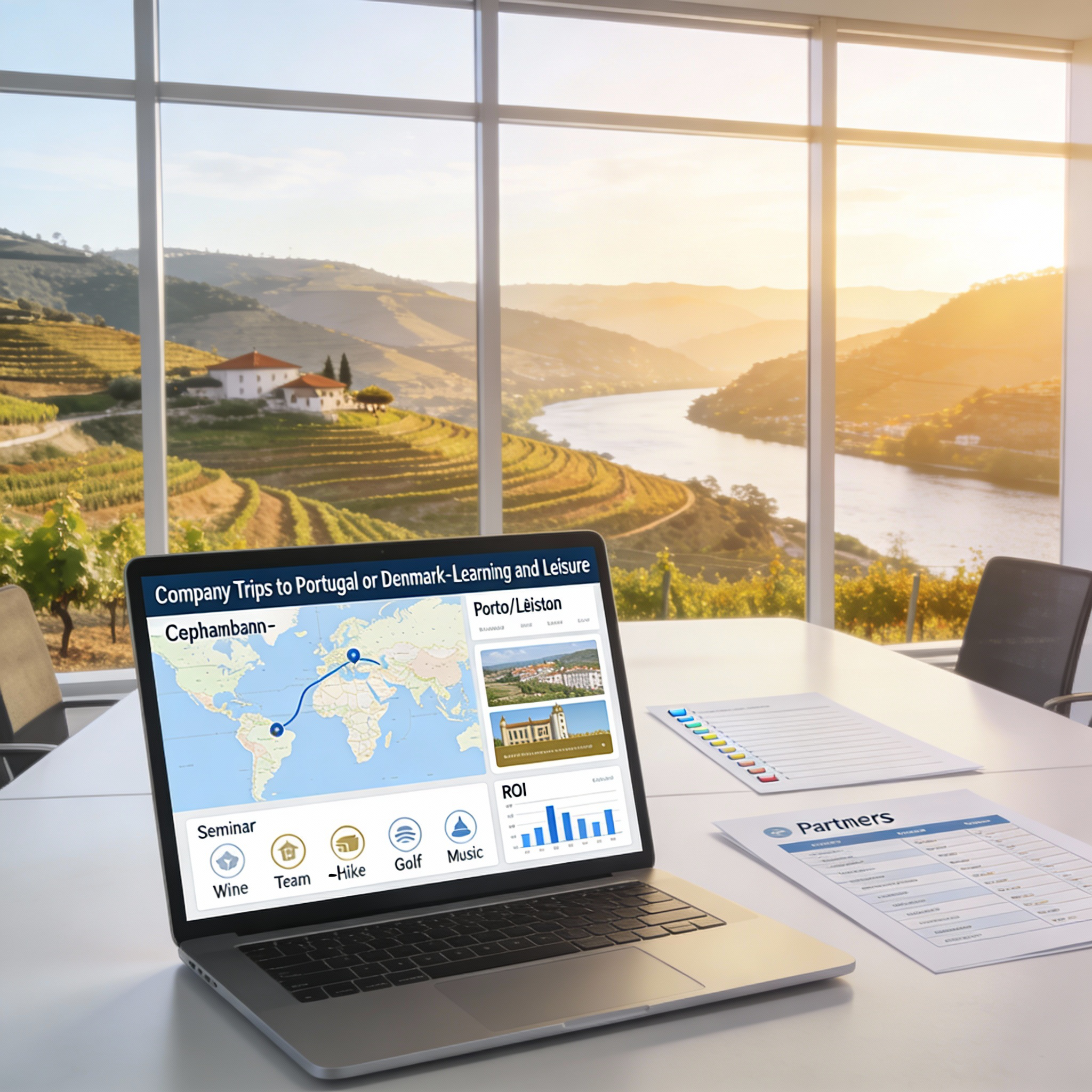 Laptop displaying a presentation slide with a world map, travel destinations, and charts on a bright conference room table. Large windows reveal a scenic river and rolling hills at sunset.