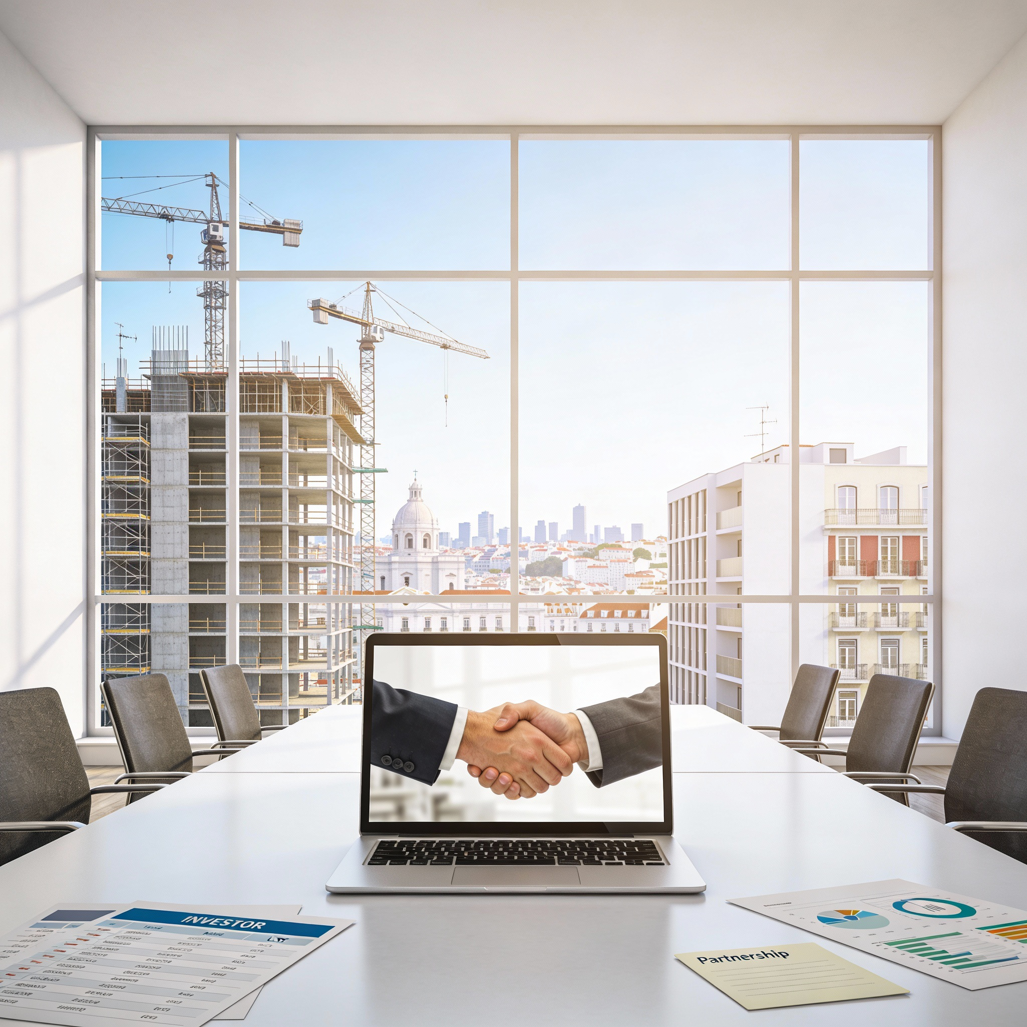 A meeting room with a large window overlooking a cityscape under construction. Two people shake hands through a laptop screen positioned on the table, which also has business documents labeled 'Investor' and 'Partnership' papers.