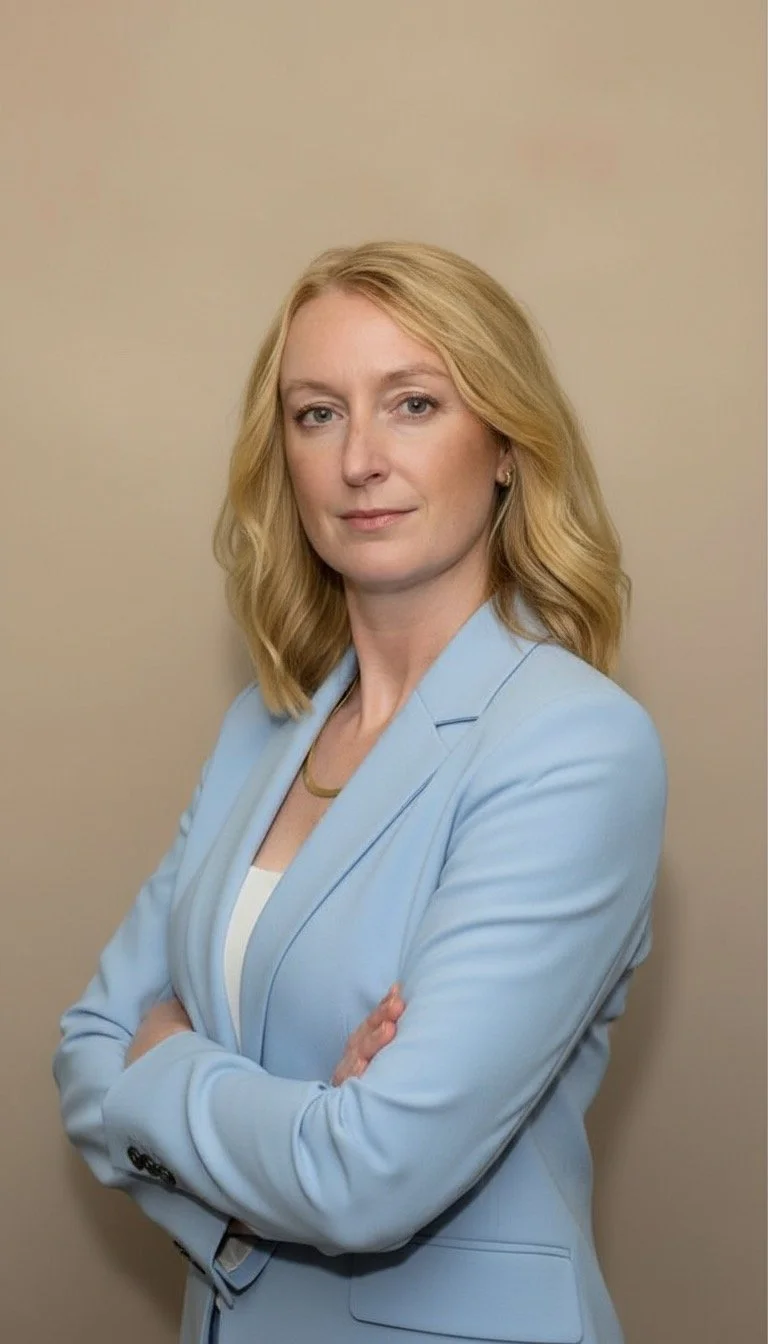 A woman with blonde hair and a confident expression, wearing a light blue blazer and standing against a beige background.