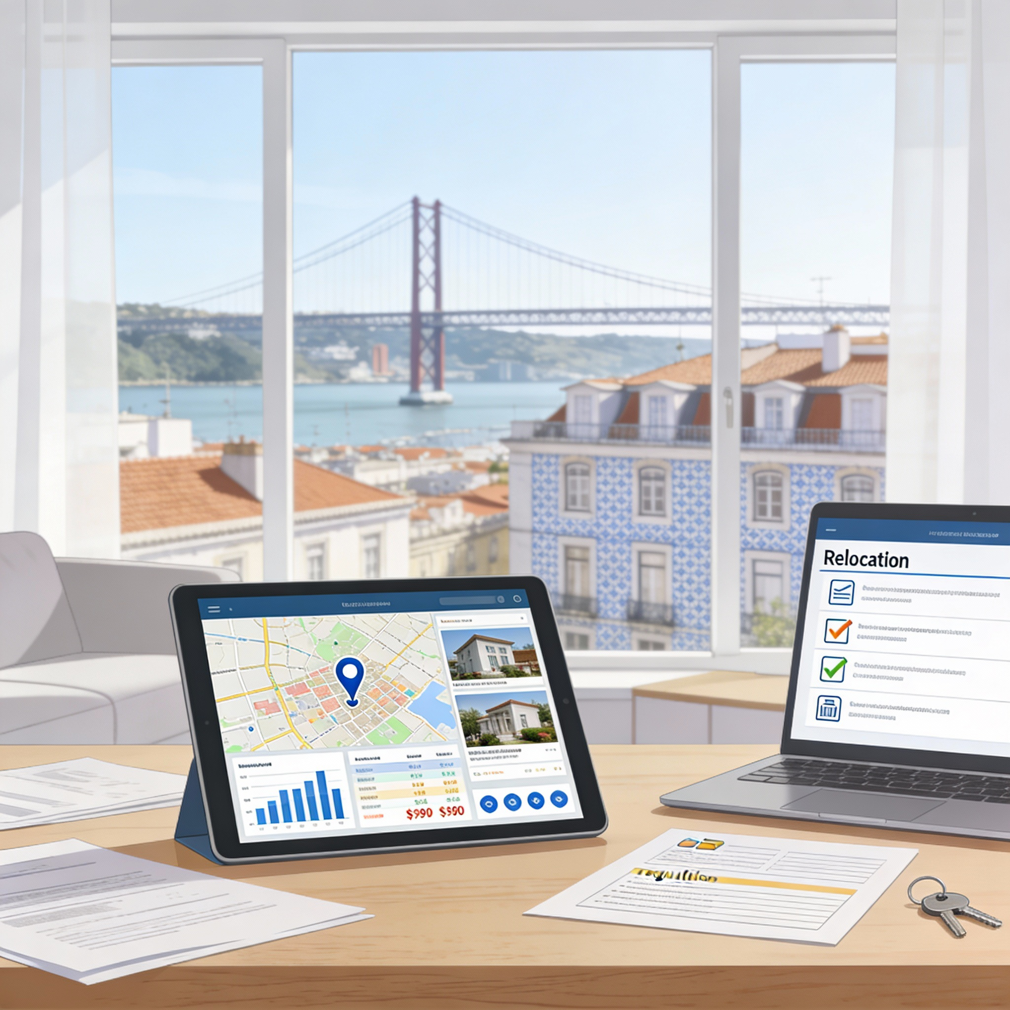 Office desk with tablets showing real estate data, displayed in front of a window with a view of a bridge and buildings.