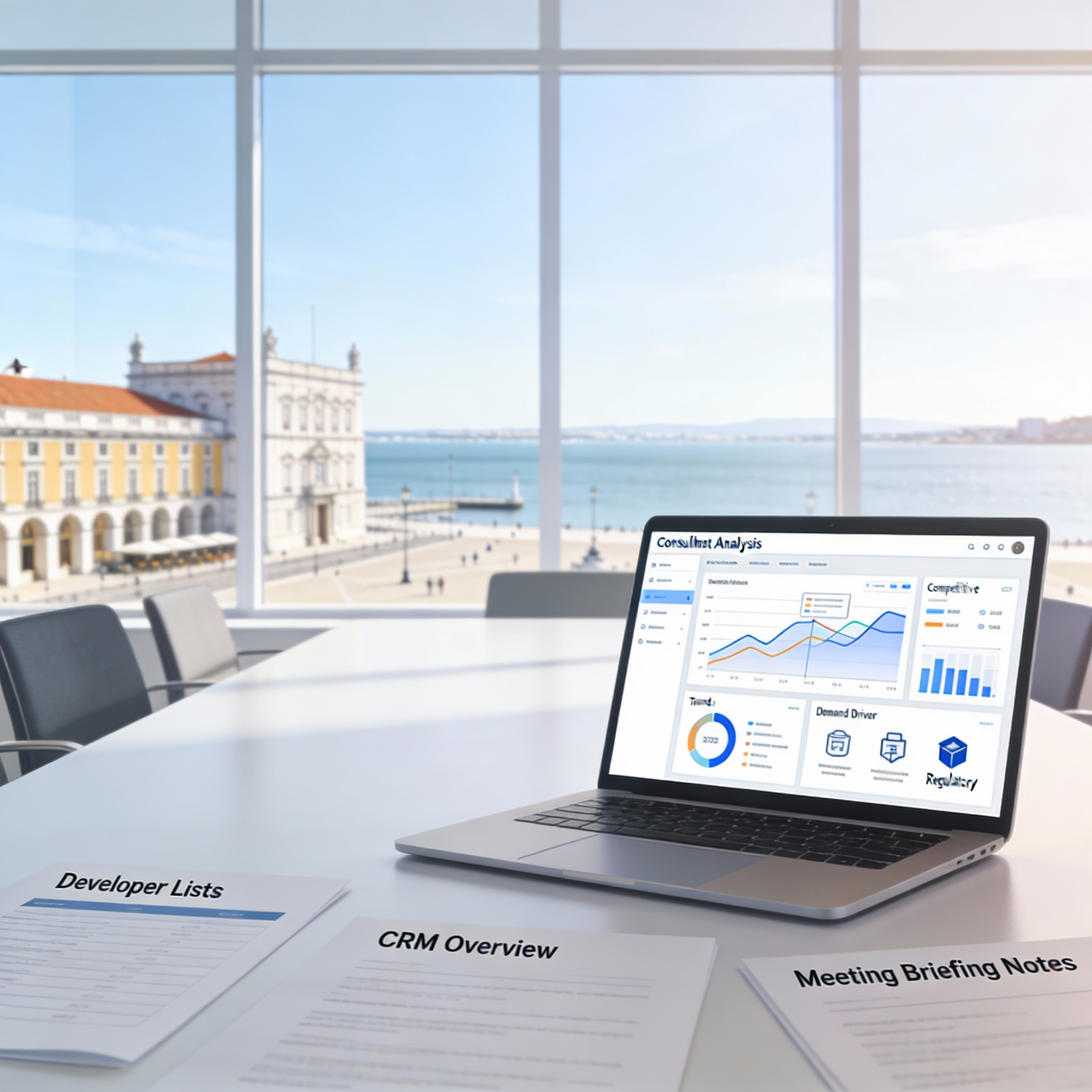 Office conference room with large window overlooking a waterfront, with a laptop displaying business charts and reports on the desk, alongside printed documents labeled Developer Lists, CRM Overview, and Meeting Briefing Notes.