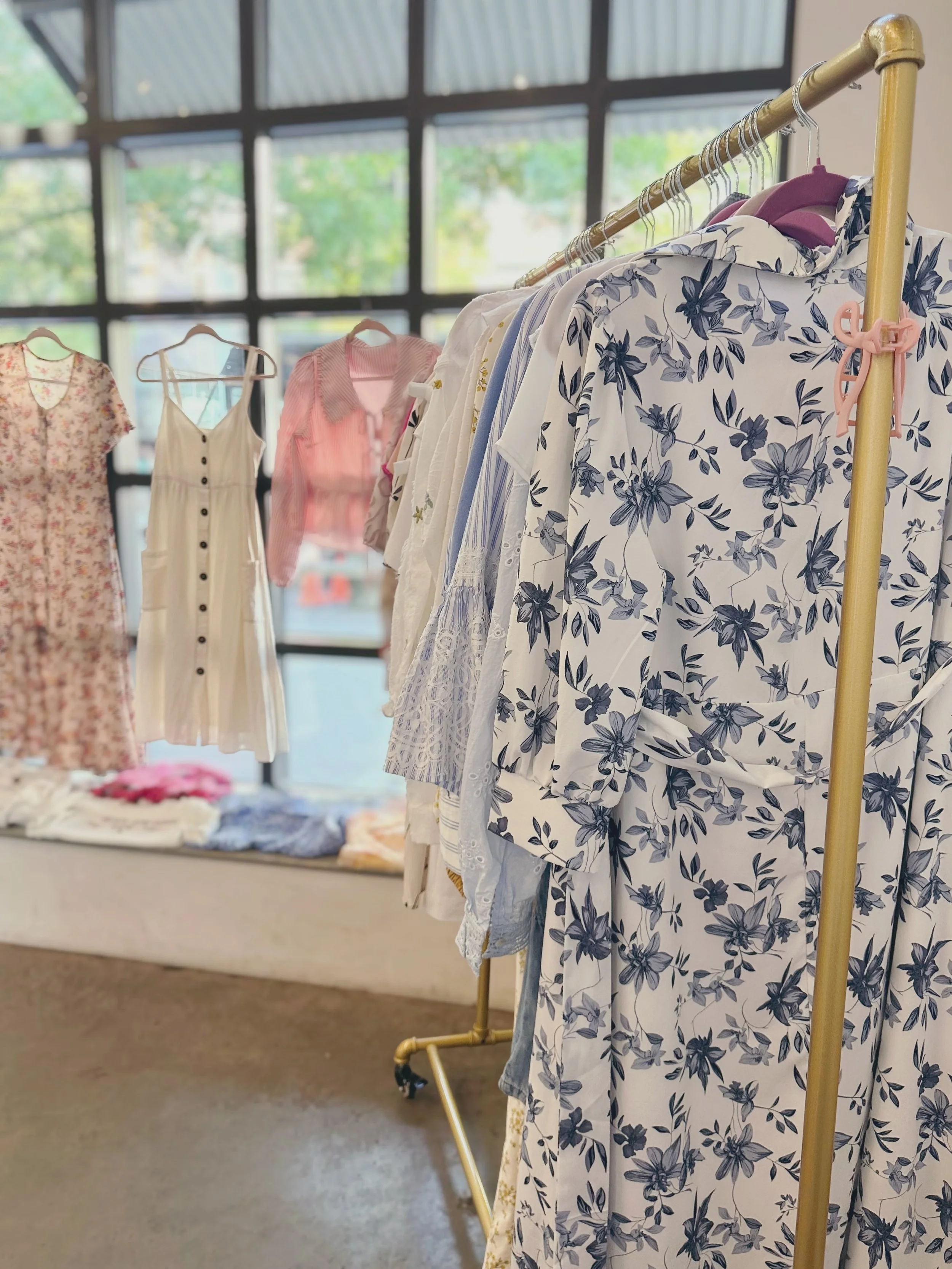 Clothing rack with floral and plain dresses in a store with large windows showing trees outside.