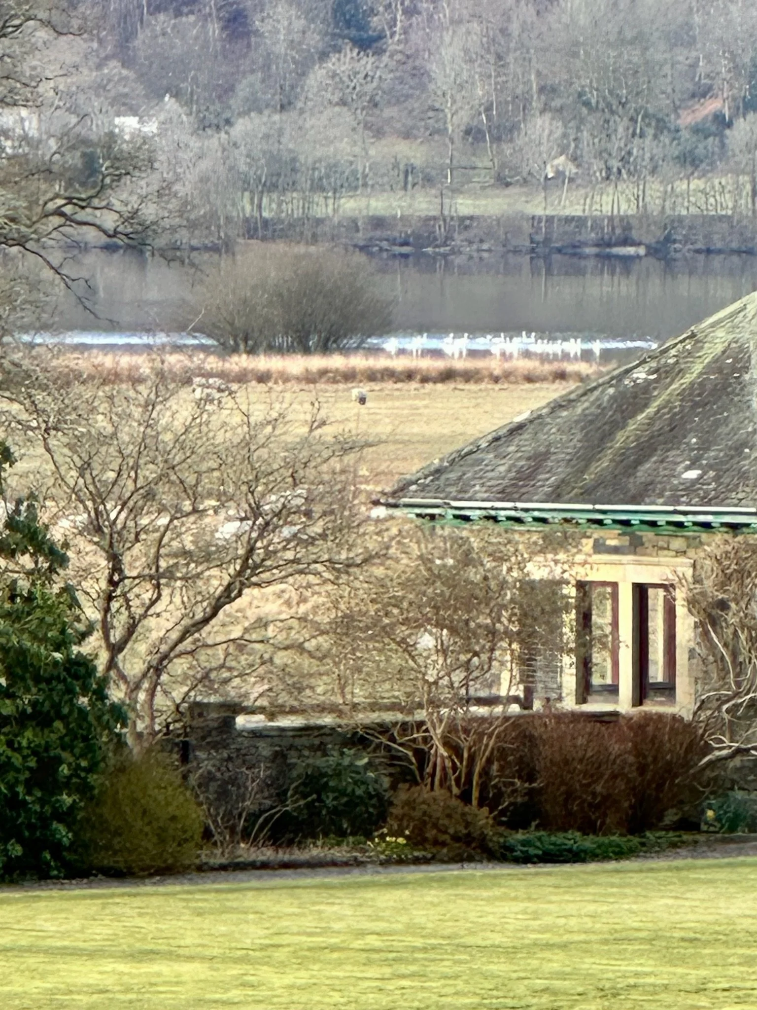 View across the rooftops and grounds of Calgarth Park towards the Lake District countryside.