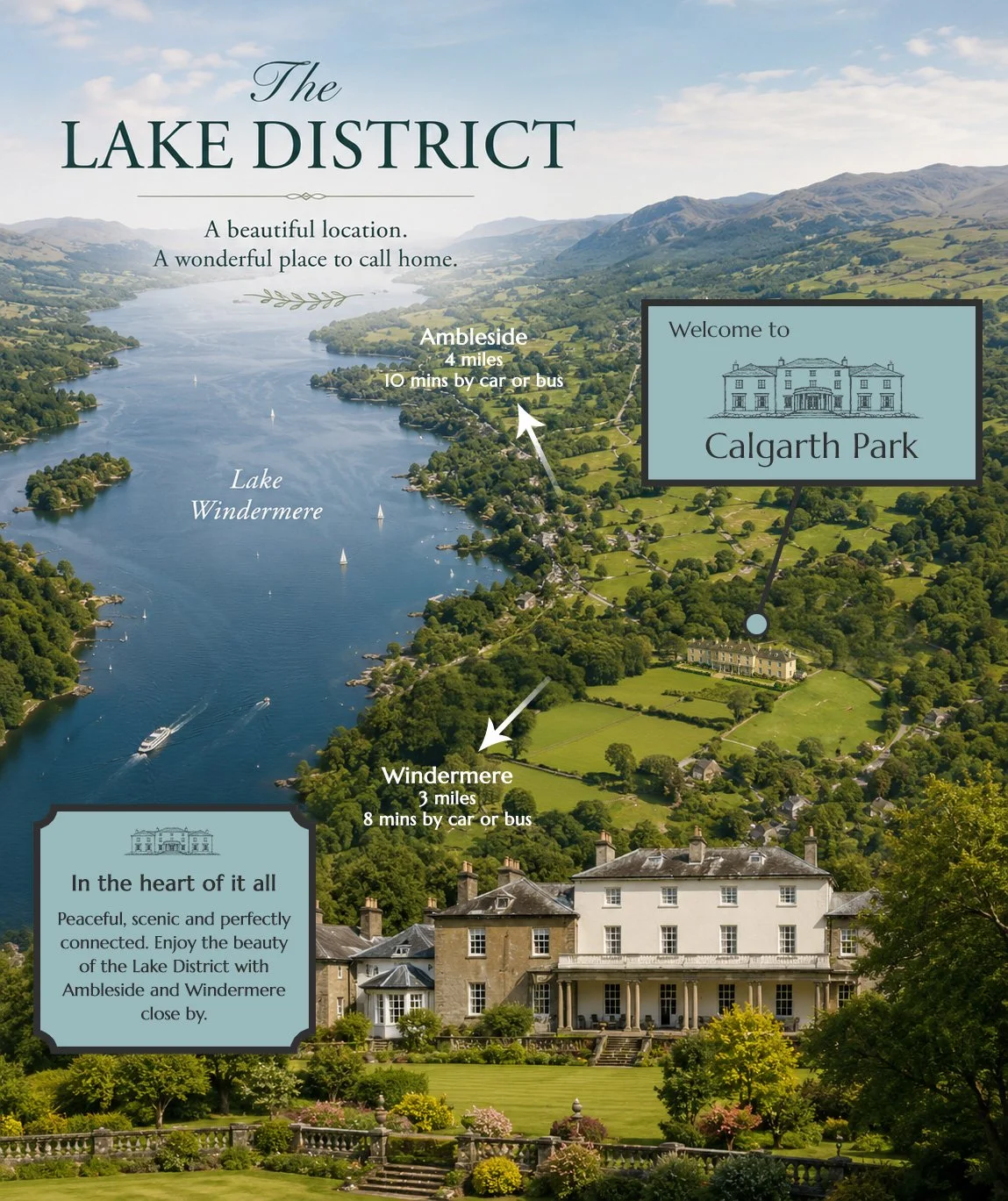 Illustrated location map showing Calgarth Park's prime Lake District setting near Windermere, Ambleside and Lake Windermere, with stunning countryside views and excellent local connections.
