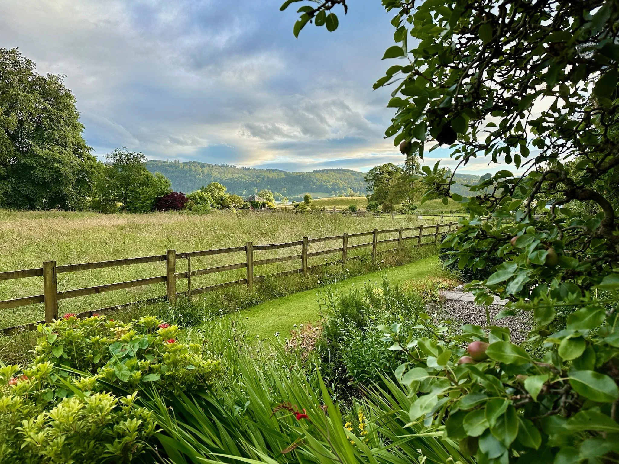 View across open countryside from the grounds of Calgarth Park in the Lake District.