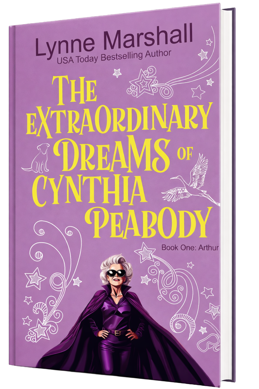 The book cover for 'The Extraordinary Dreams of Cynthia Peabody' by Lynne Marshall, featuring a woman in sunglasses and a purple cape on a purple background with stars, a dog, and a flying crane.