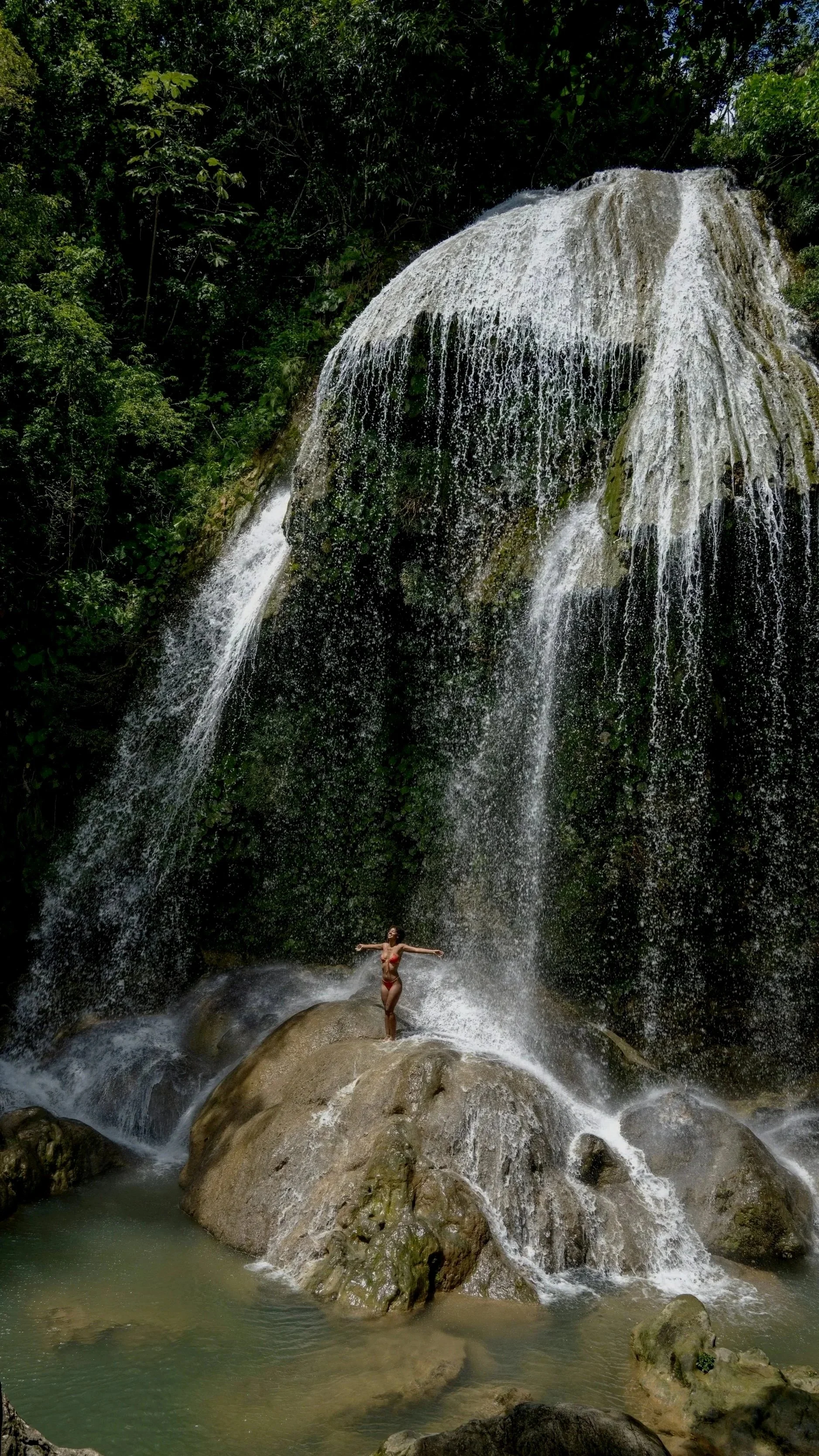 Une cascade d'eau dans une forêt dense avec une femme en maillot de bain rouge se tenant sur une roche au premier plan.