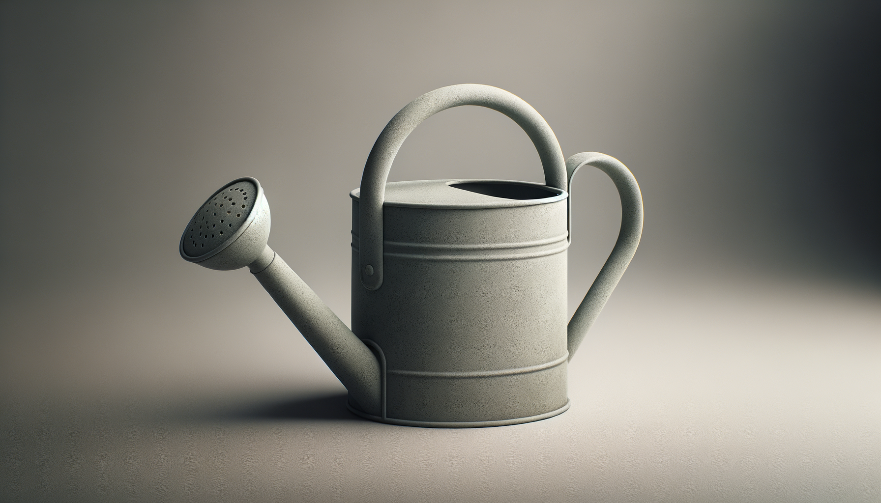 A gray watering can with a long spout and a perforated nozzle, placed on a neutral background.