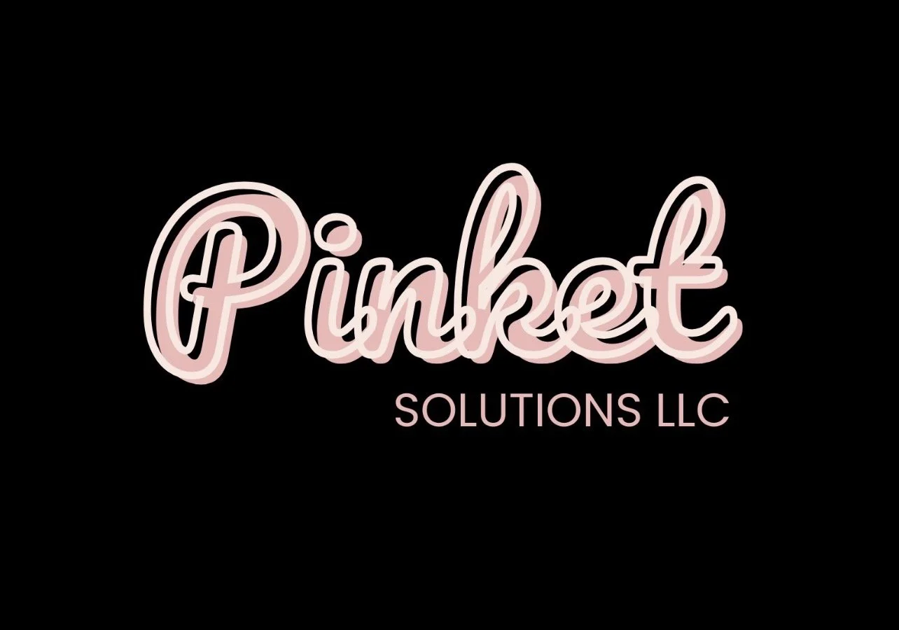 Pink neon sign reads 'Pinket Solutions LLC' on a black background.