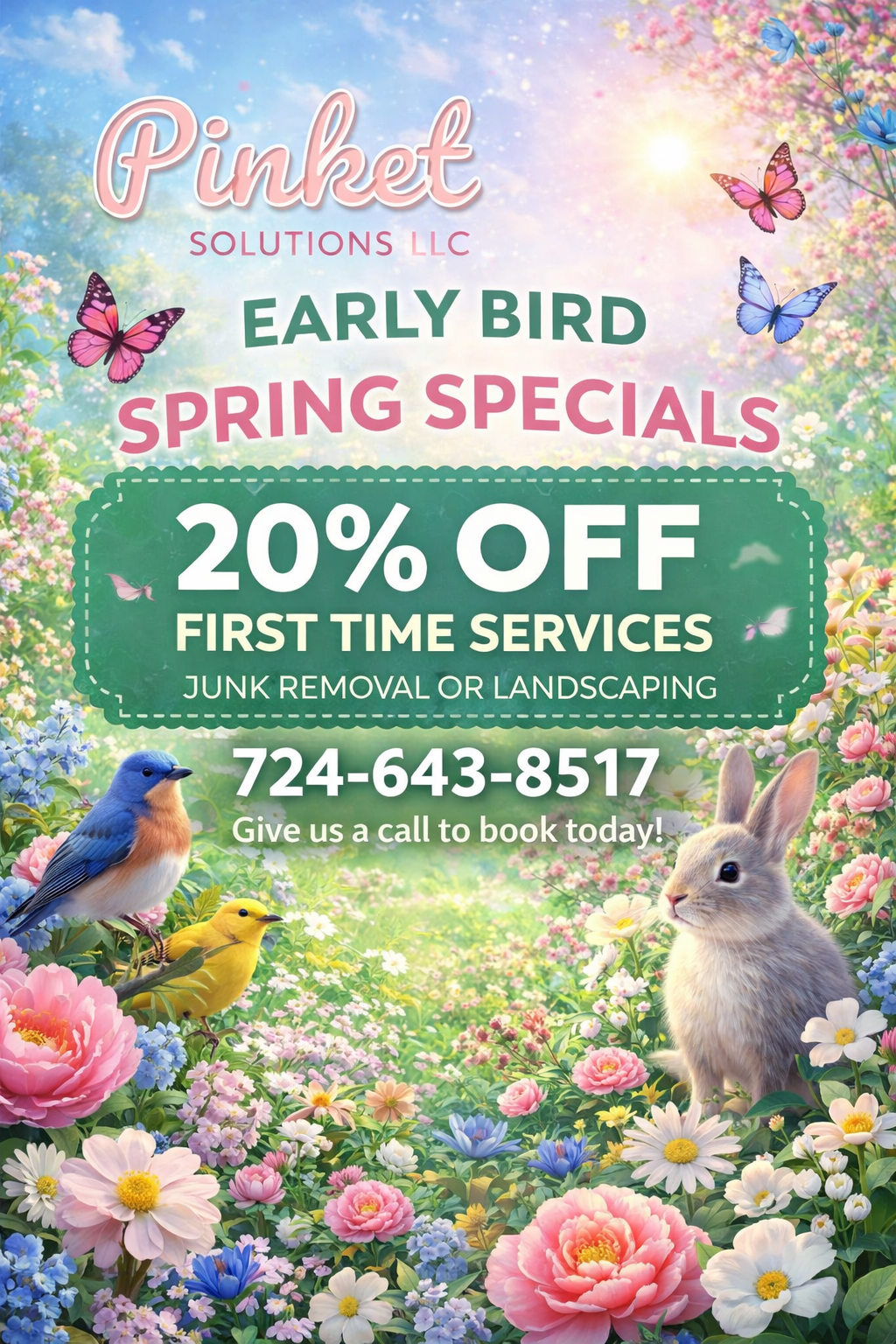 Spring promotional flyer with flowers, butterflies, a rabbit, a bluebird, and a yellow bird, advertising 20% off first services for junk removal or landscaping, with contact number 724-643-8517.