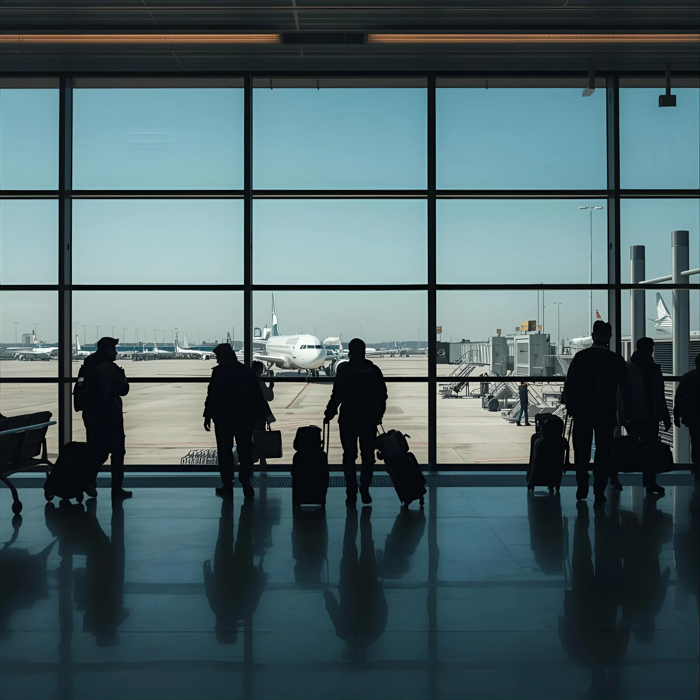View of an airport terminal with silhouetted travelers and their luggage, looking out through large glass windows at parked airplanes and a clear blue sky.