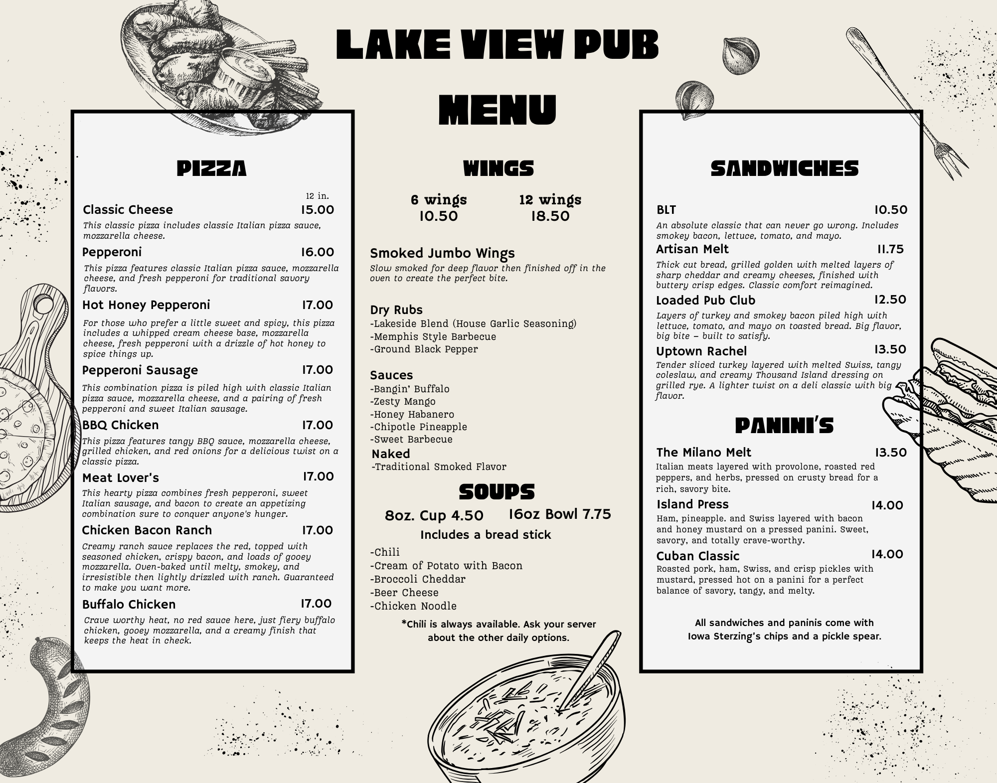 Lake View Pub menu featuring pizza, wings, sandwiches, soups, and panini options with illustrations of food and utensils.
