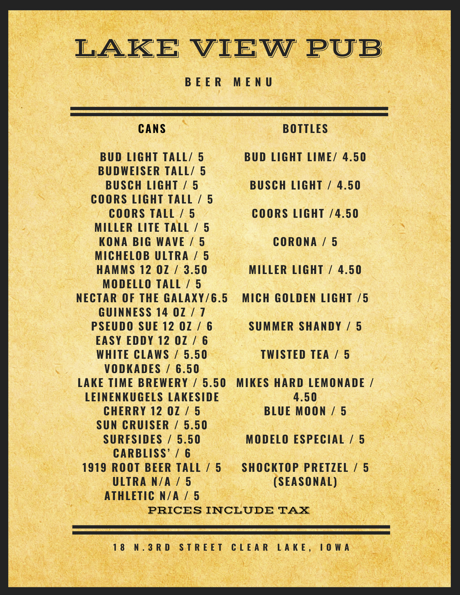 Lake View Pub beer menu listing various canned and bottled beers with prices, including Bud Light, Coors Light, Miller Lite, and local craft beers, located at 18 N. 3rd Street, Clear Lake, Iowa.