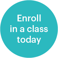Turquoise button with white text saying 'Enroll in a class today'