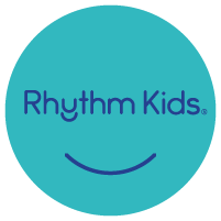 Blue circular logo with the text 'Rhythmm Kids' and a curved line resembling a smile underneath.