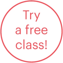 A black background with a pink circle and pink text that says 'Try a free class!'