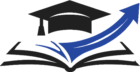 An illustration of a graduation cap, an open book, and an upward-pointing arrow, symbolizing education and growth.