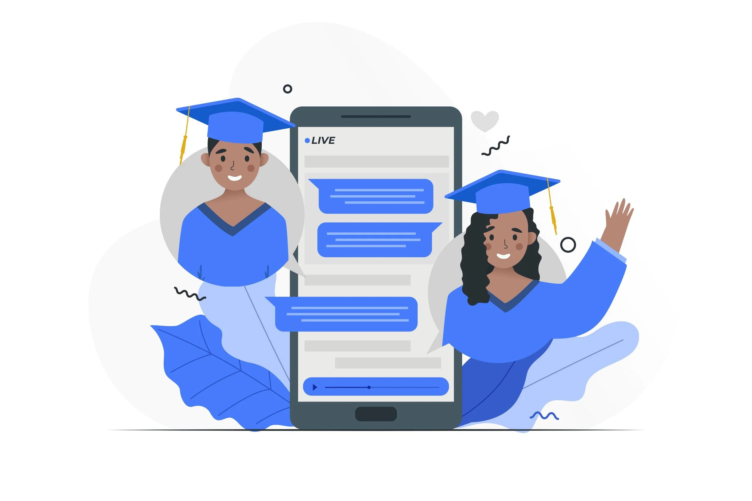 Illustration of two graduates in blue caps and gowns celebrating with a large smartphone displaying a messaging app, surrounded by leaves and abstract shapes.