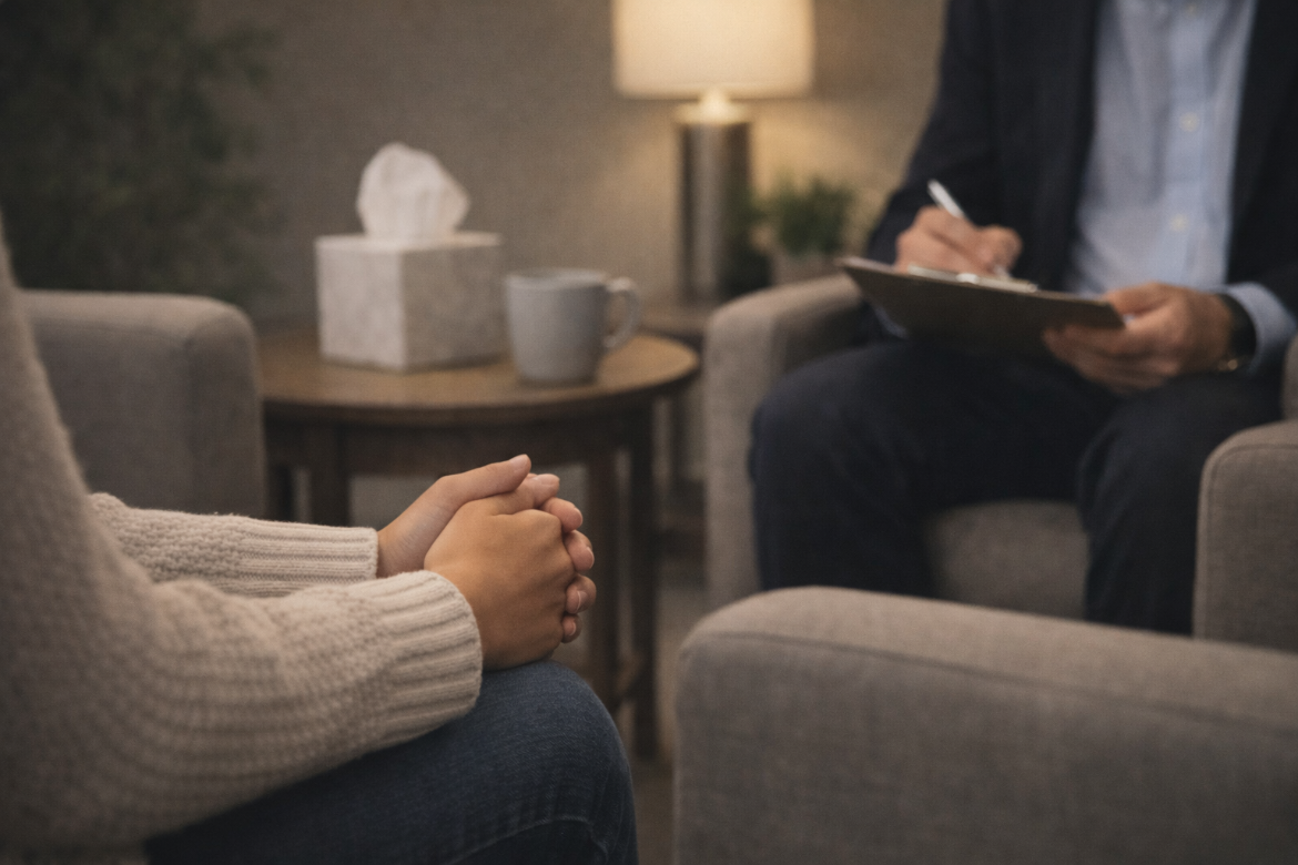 A person with hands clasped sitting on a couch, talking to a therapist or counselor who is taking notes in a notebook in a cozy office setting.