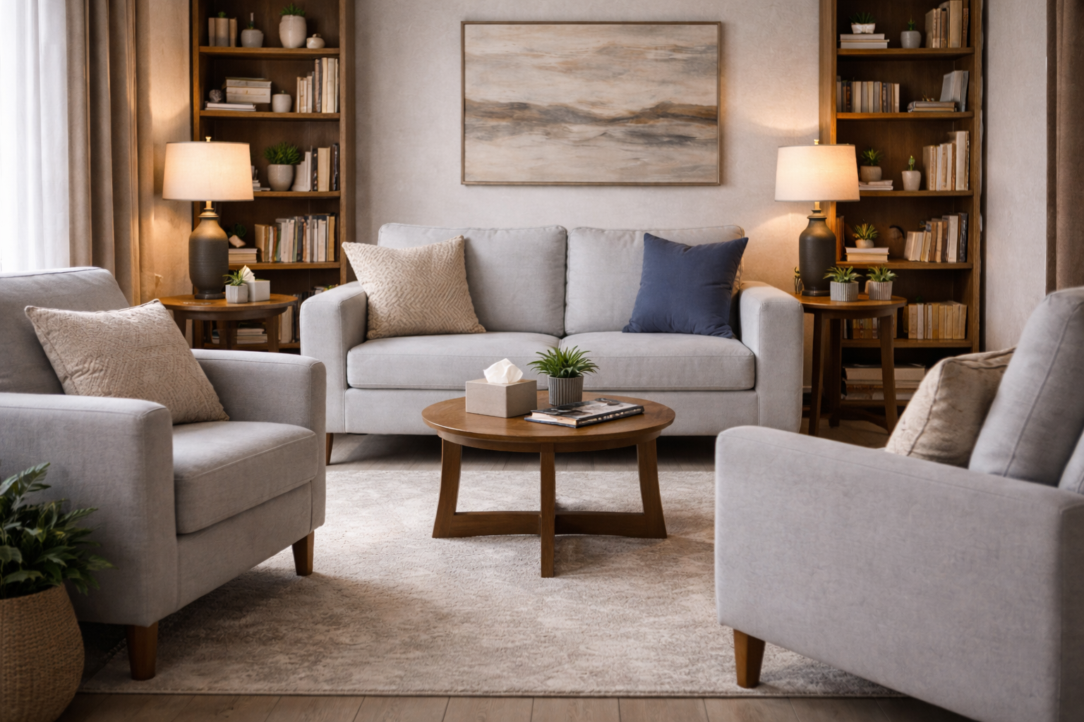 Living room with light-colored sofa and armchairs, wooden side tables with lamps, bookshelves, a framed abstract painting, and a round coffee table with plants and magazines.