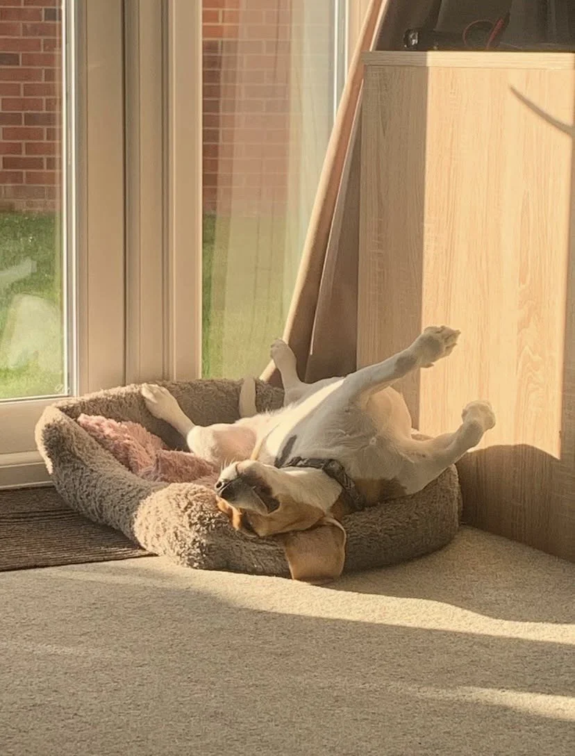 A dog lying on its back in a plush pet bed. Dog sitting. Dog sitting services. Dog sitting in North Tyneside. Professional Dog sitting services.  Dog sitting in Jesmond. Dog sitting in Benton. Dog sitting in Heaton. Professional Dog sitter.