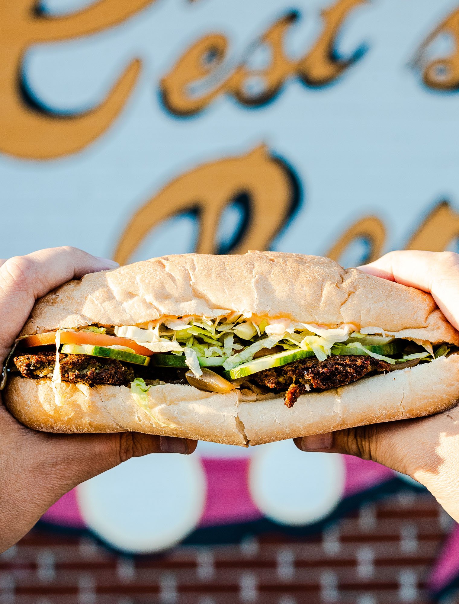 A person holding a sandwich with fried meat, lettuce, cucumber, tomato, and sauce in a white bread bun