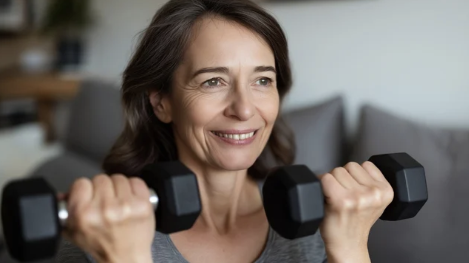 A close view of a woman who looks to be in her 60s lifting black barbells to her chin. She is smiling
