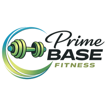 The logo for Prime BASE Fitness is comprised of a green and blue swirl around a dumbell, along with the business name