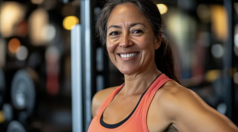 A woman in an orange tank top smiles at the camera. In the background is sone gym equipment