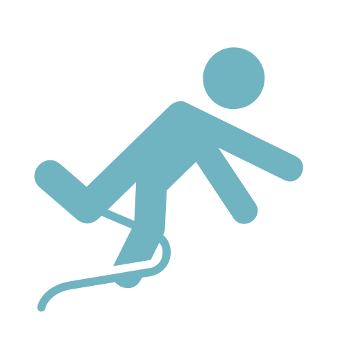 An icon in blue of a person tripping over a cord