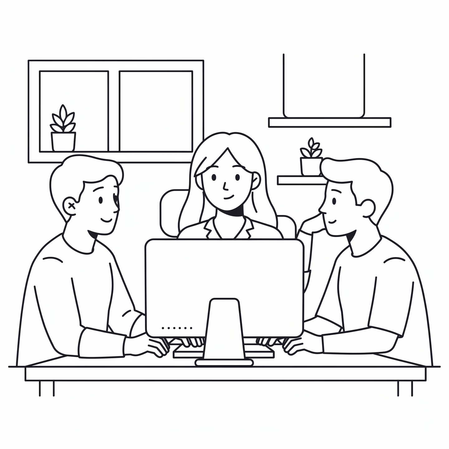 Une femme et deux hommes travaillent ensemble devant un ordinateur dans un bureau. La femme est assise derrière l'ordinateur, les deux hommes sont de chaque côté, en train de taper ou de parler.