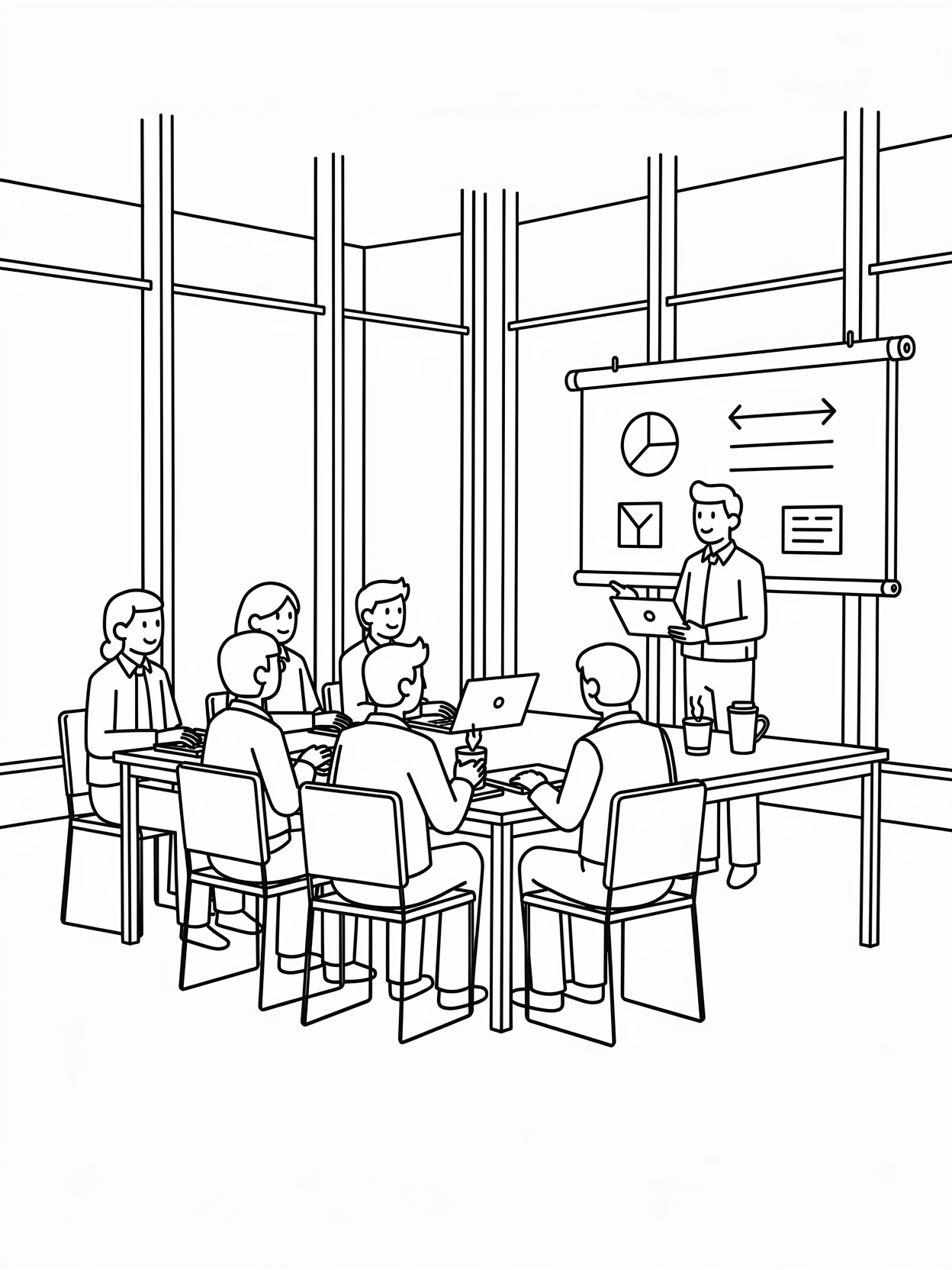 Illustration en noir et blanc d'une réunion de travail en salle de conférence, avec six personnes assises autour d'une table, un tableau derrière le présentateur avec des graphiques et des diagrammes.