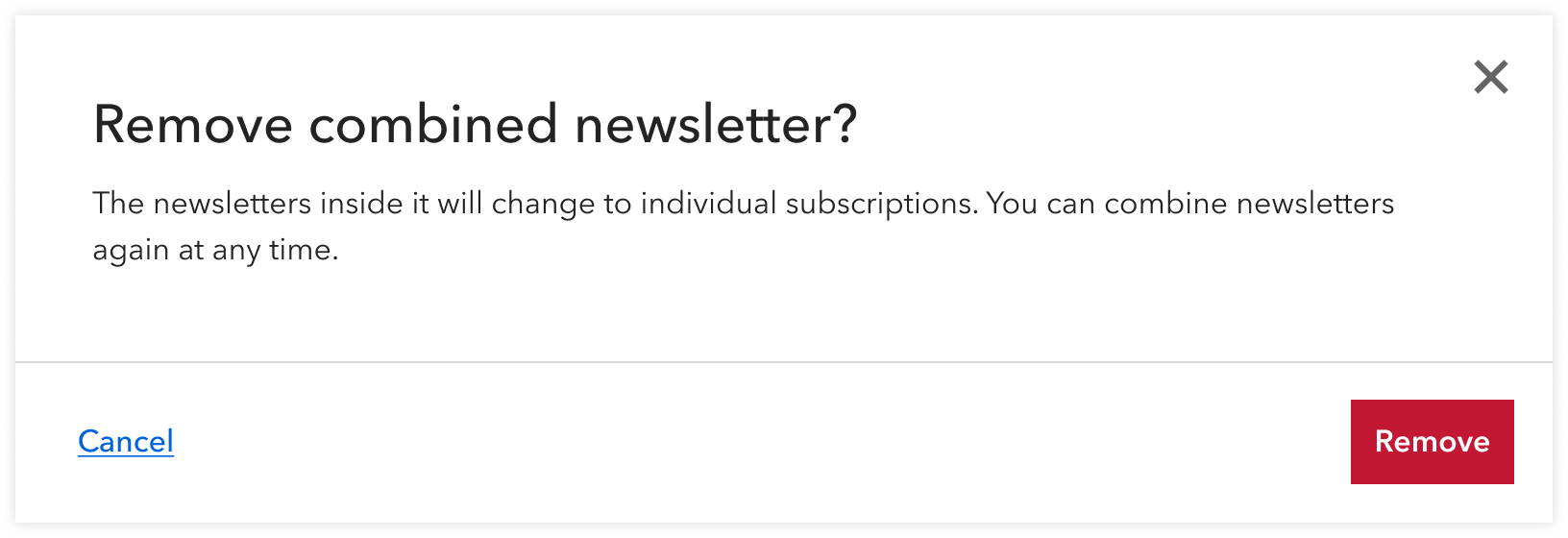 Screen shot of a modal confirming whether a user wants to delete their combined newsletter.