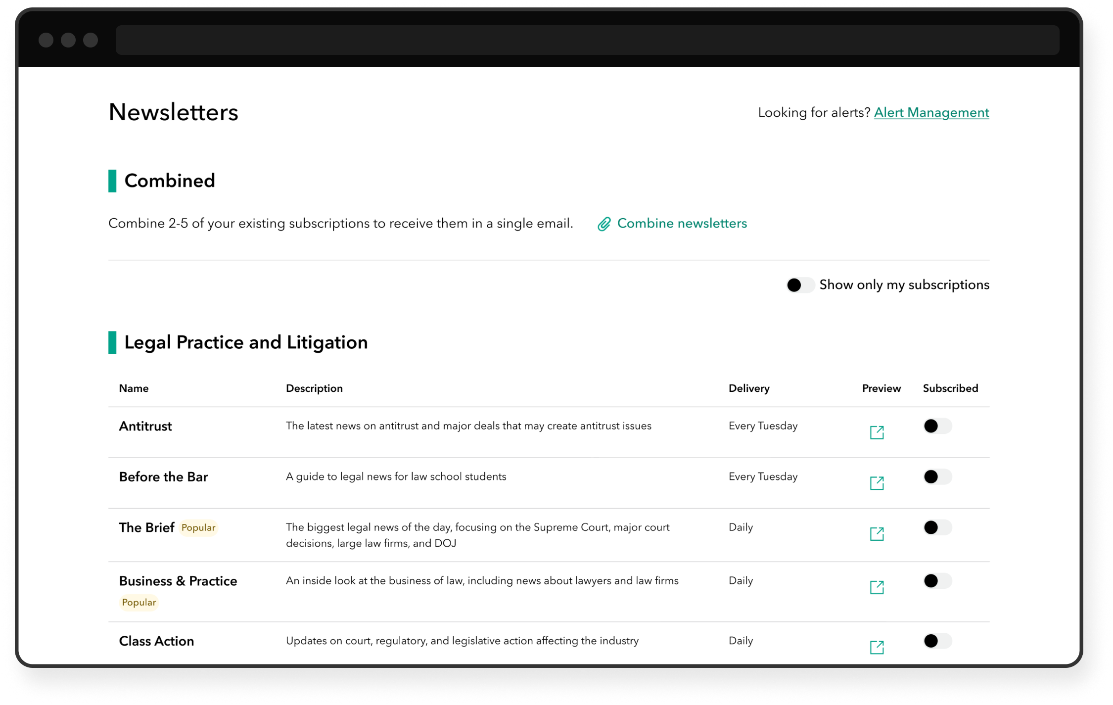 Webpage showing a list of Bloomberg Law newsletters.