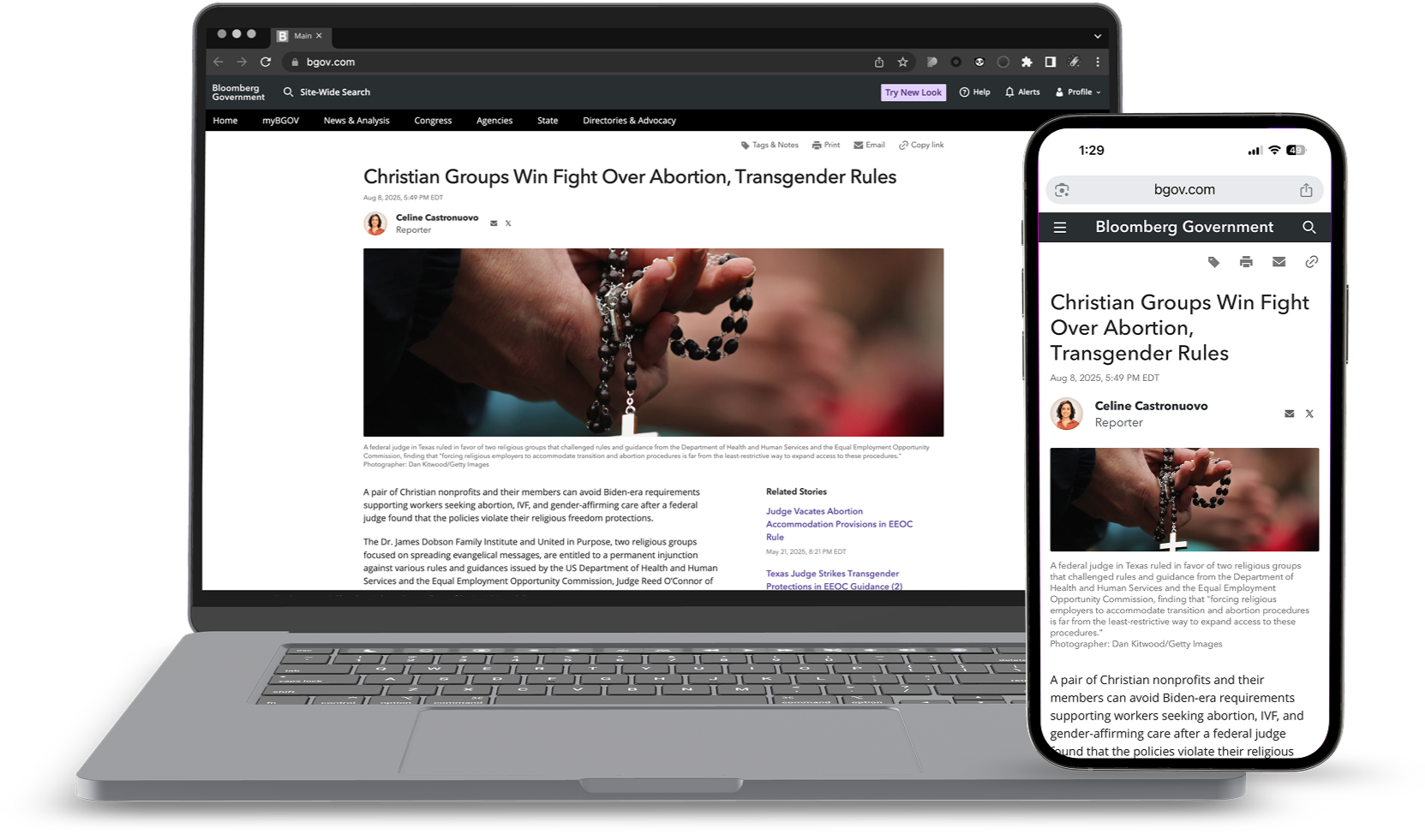 The same news article shown on a laptop and on a mobile phone.