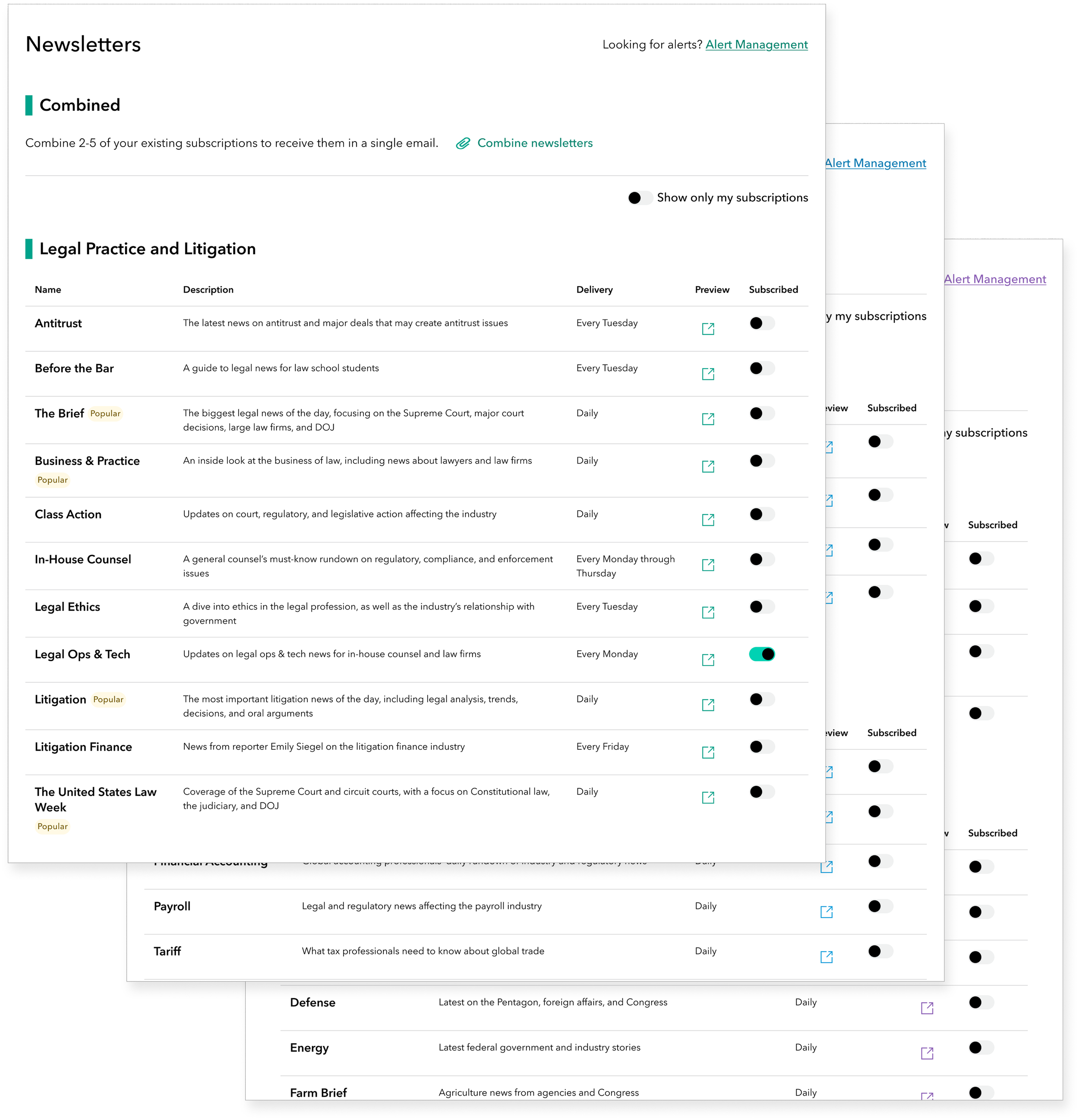Layered screen shots of newsletter management pages on each Bloomberg platform.