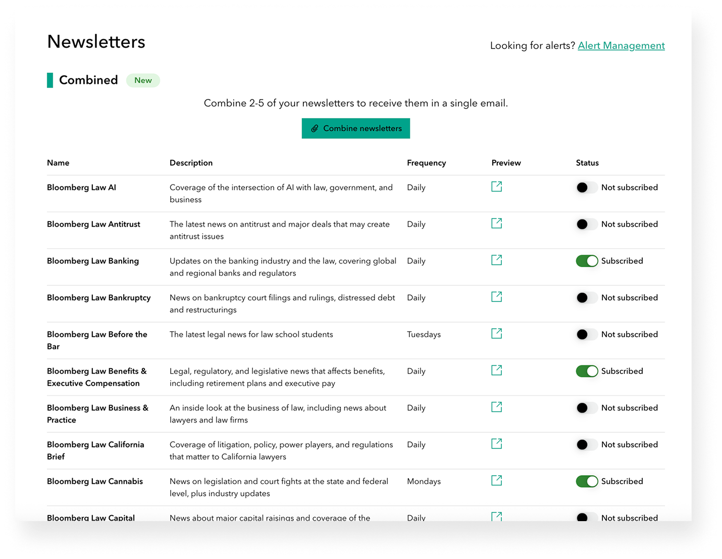 Screen shot of an initial design for newsletter management on Bloomberg Law.