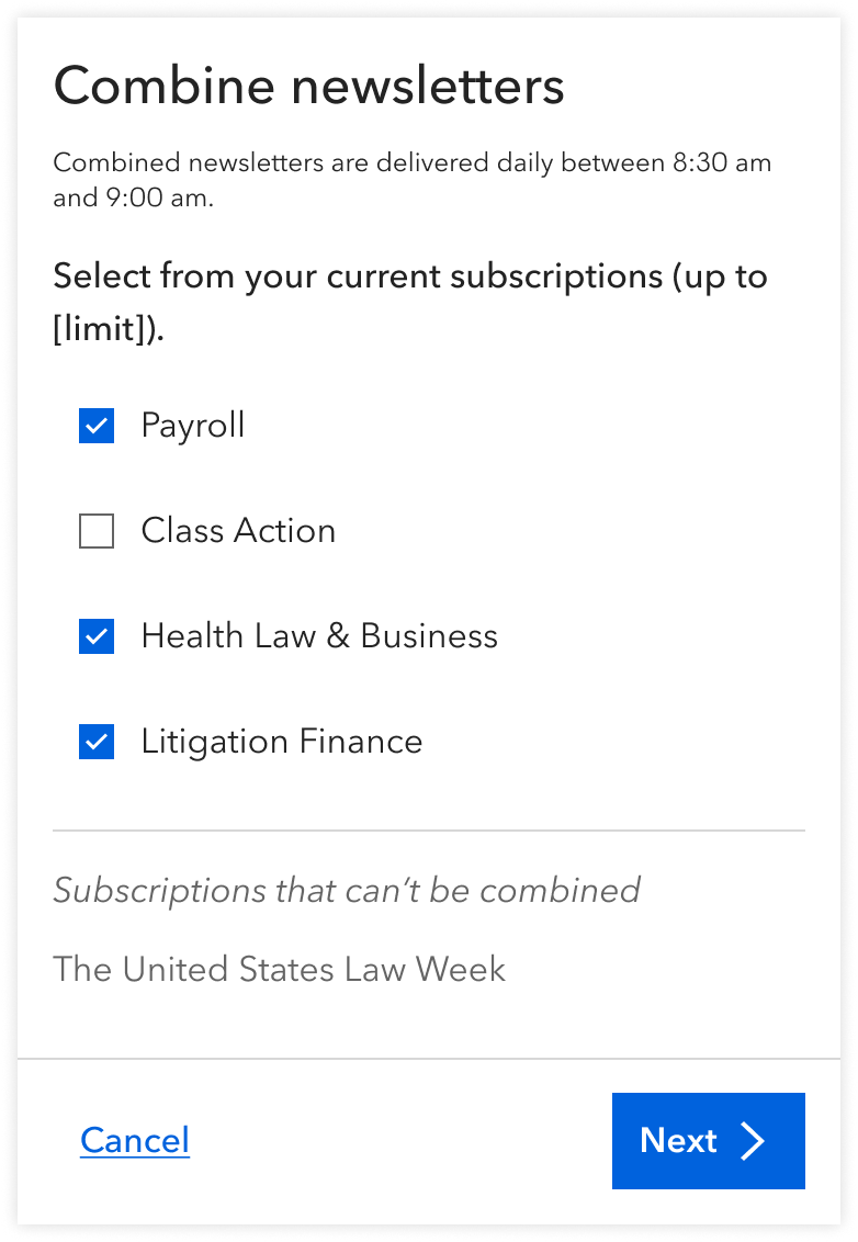 Screen shot of a newsletter selection step.