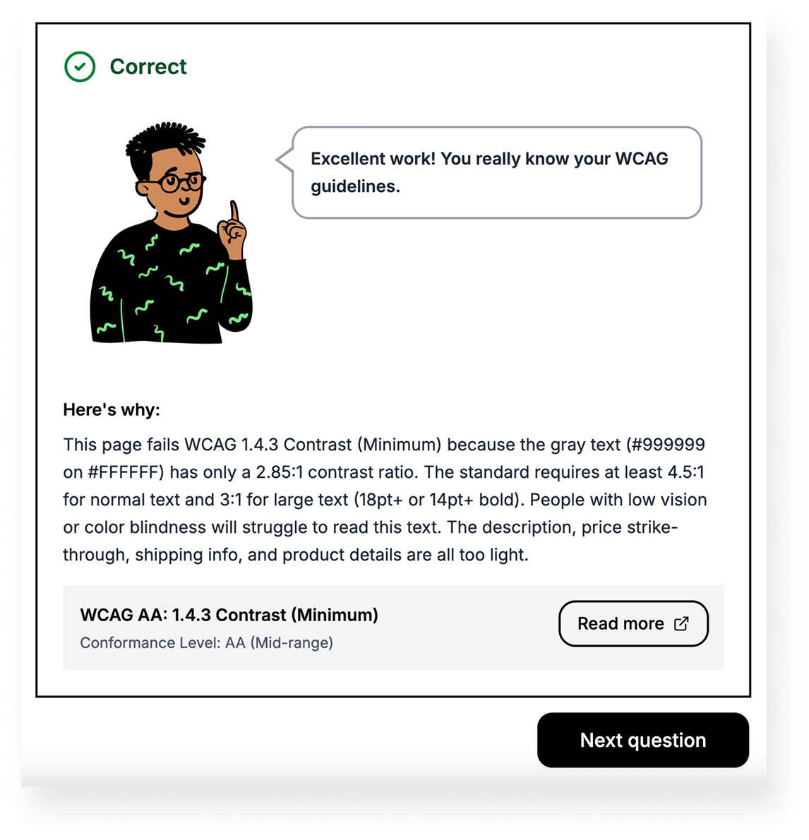 Screen shot of feedback on a quiz answer.