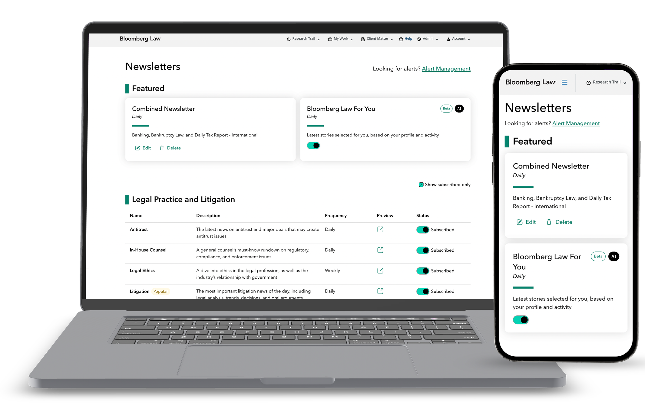 Newsletter management page on desktop and mobile