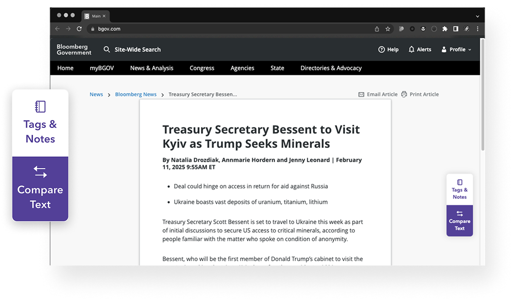 Action buttons from a BGOV article, layered over the page where they're displayed.