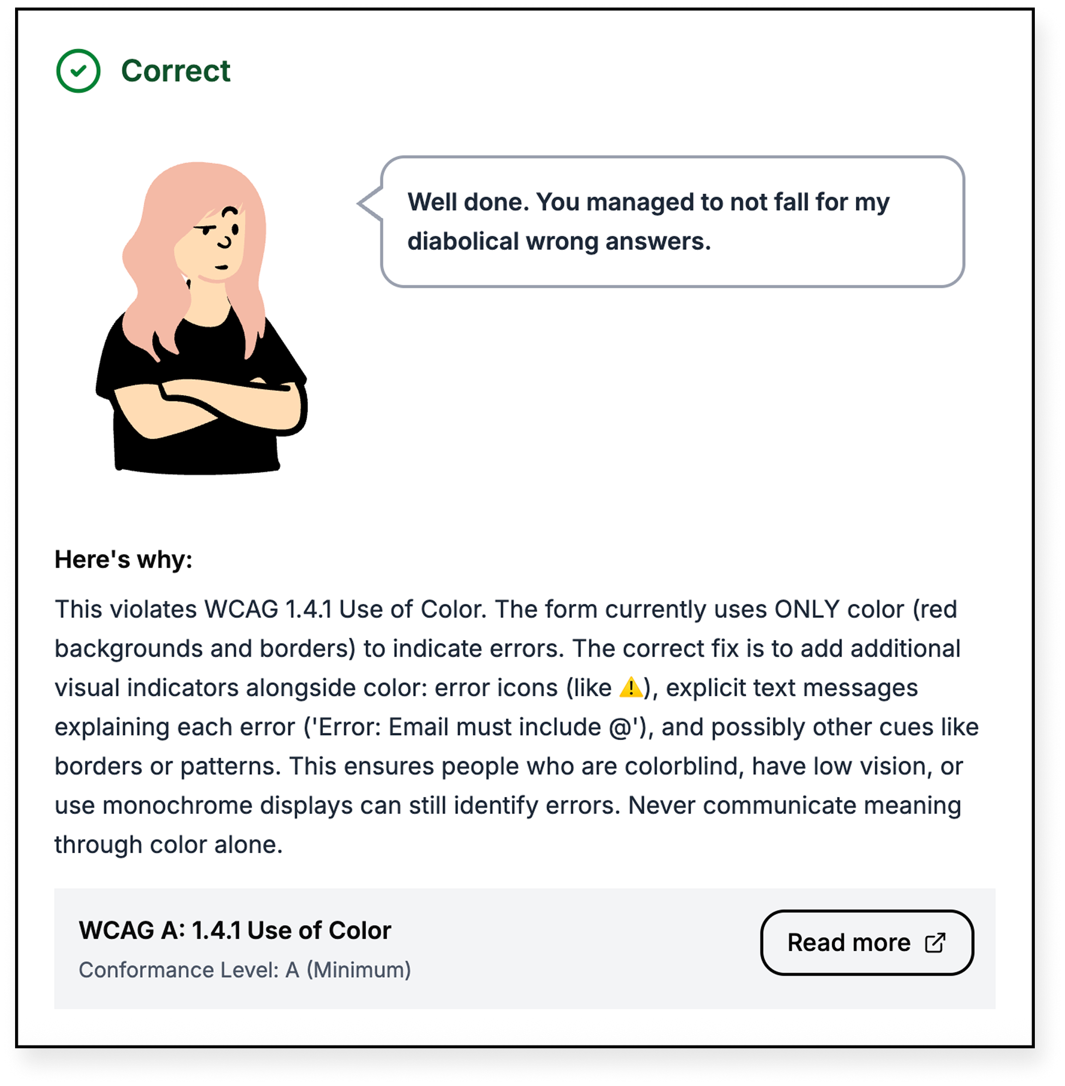 Screen shot of feedback on a quiz answer.