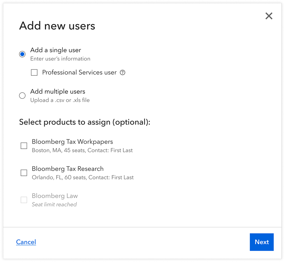 Screen shot of the first step in a wizard for adding new users.
