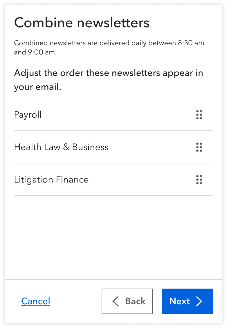 Screen shot of a newsletter reordering step.