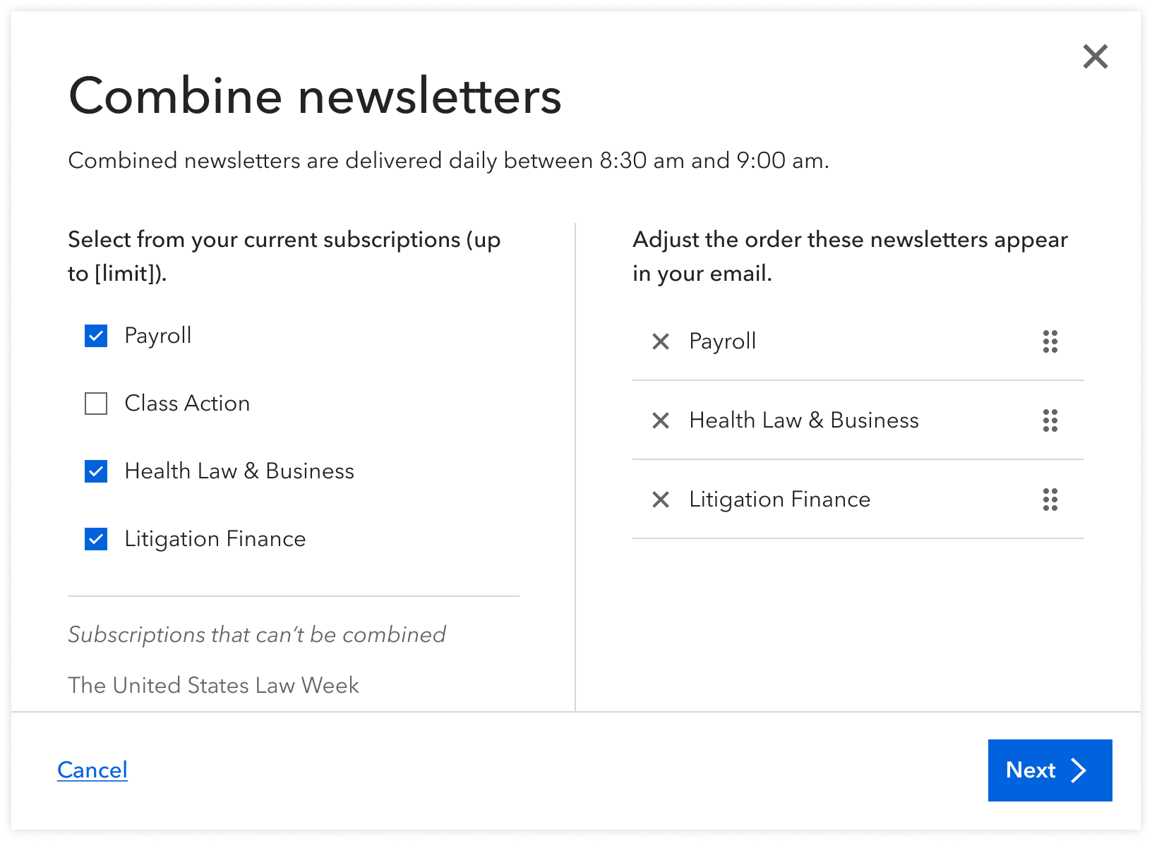 Screen shot of a modal guiding users through the process of combining newsletters.