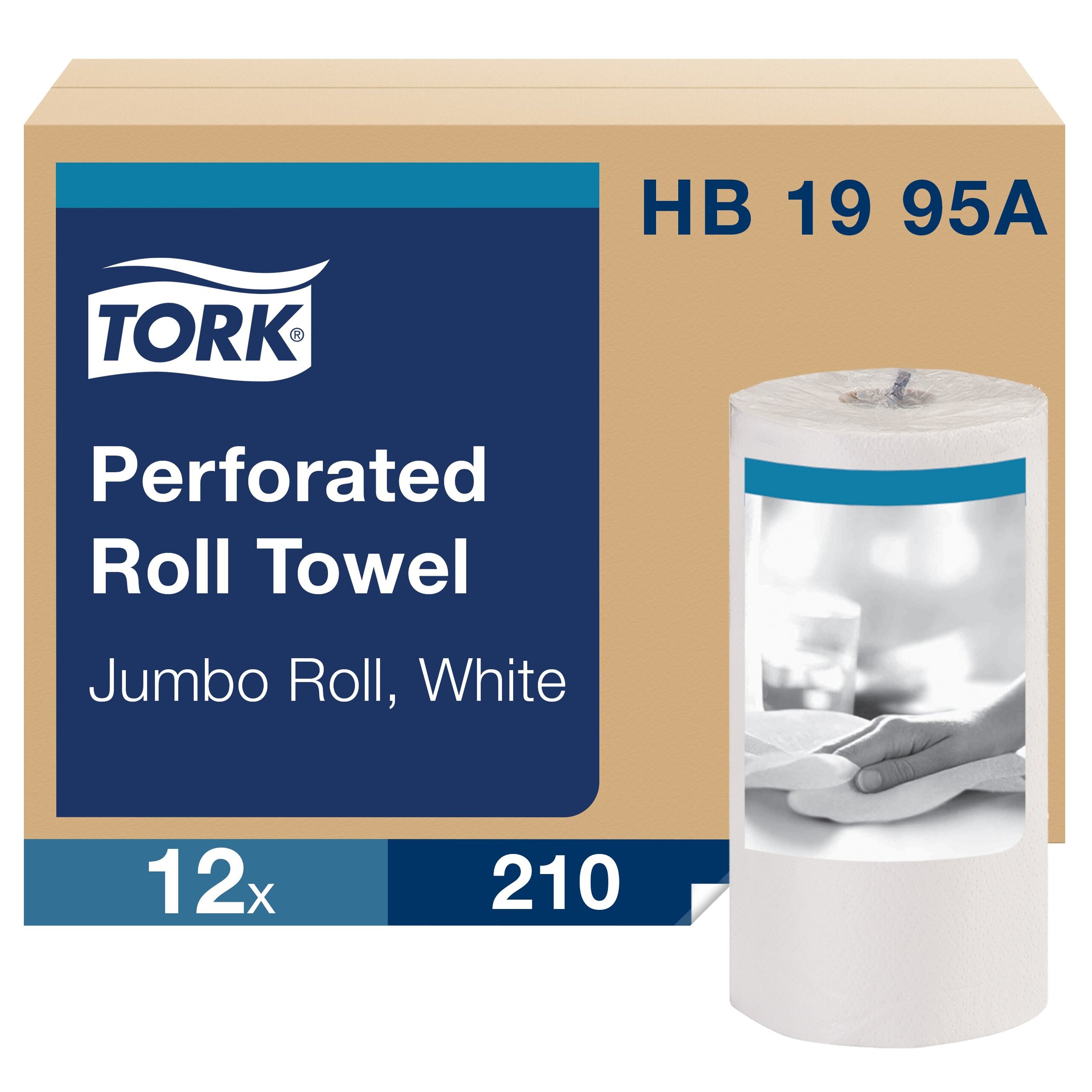 Box of Tork perforated white jumbo roll paper towels with a picture of a hand drying on a towel.