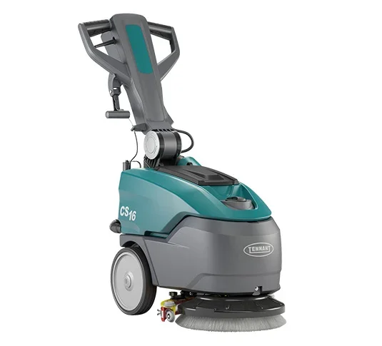 A Tennant CS16 walk-behind floor scrubber with teal and gray colors, equipped with a handlebar and large brushes.