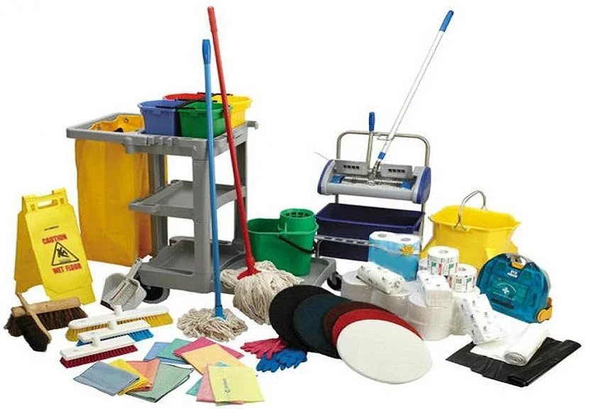 A collection of janitorial cleaning supplies, including mops, buckets, cleaning cloths, disinfectant, and cleaning carts.