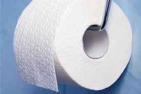 A roll of white toilet paper hanging on a wall dispenser.