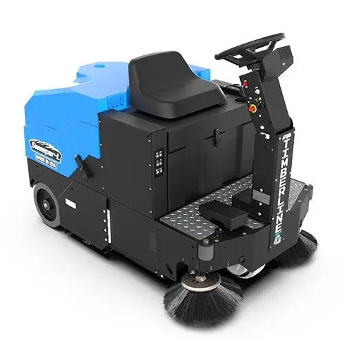 Commercial ride-on floor scrubber with black seat, steering wheel, and brushes, featuring a blue water tank and black body.